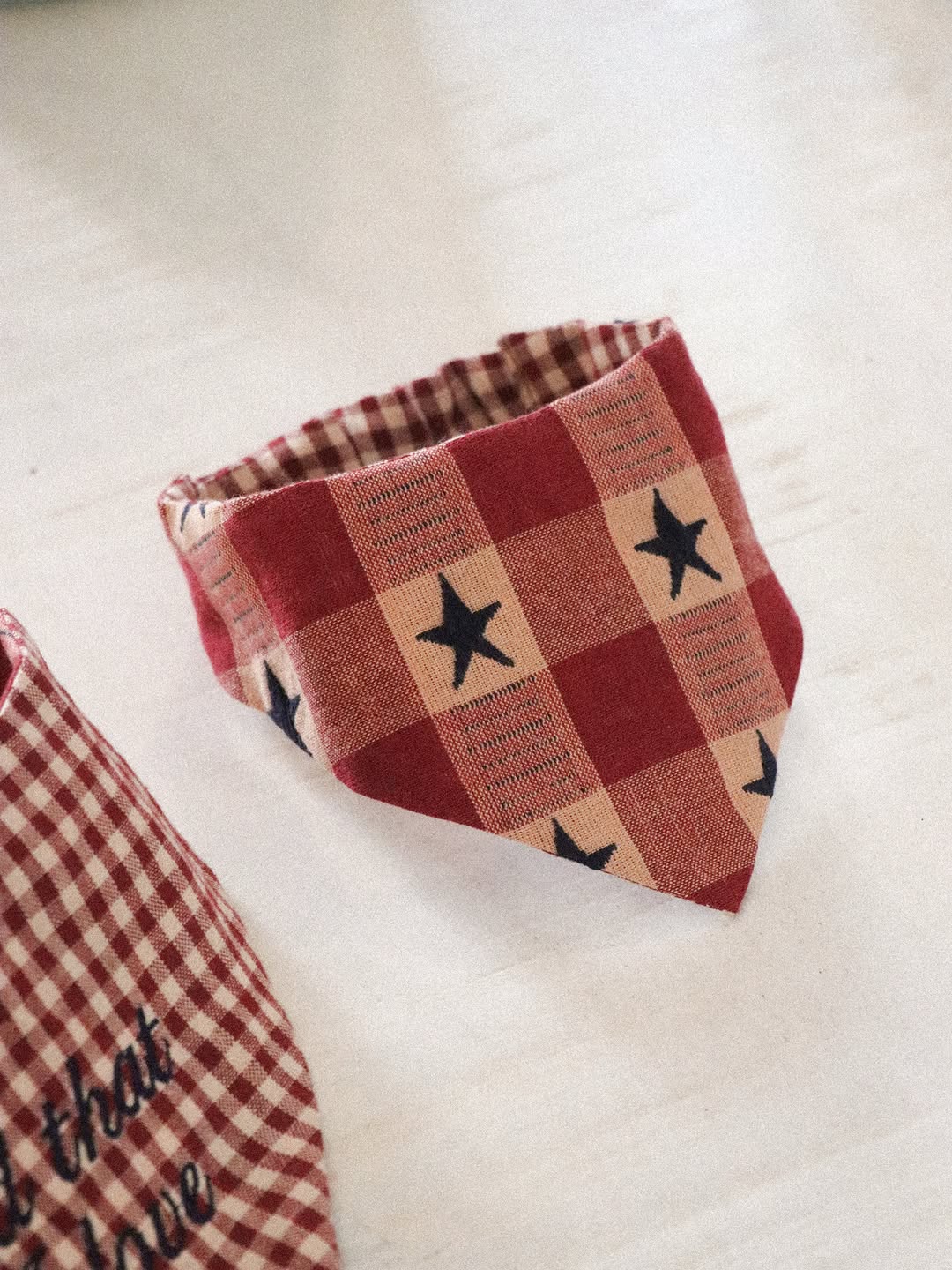 Patriotic bandanas folded on a table