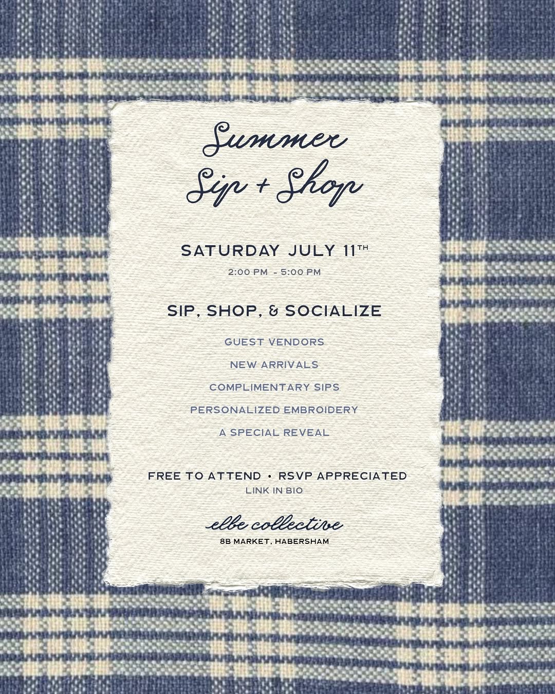 Summer Sip and Shop invitation card on a navy plaid background