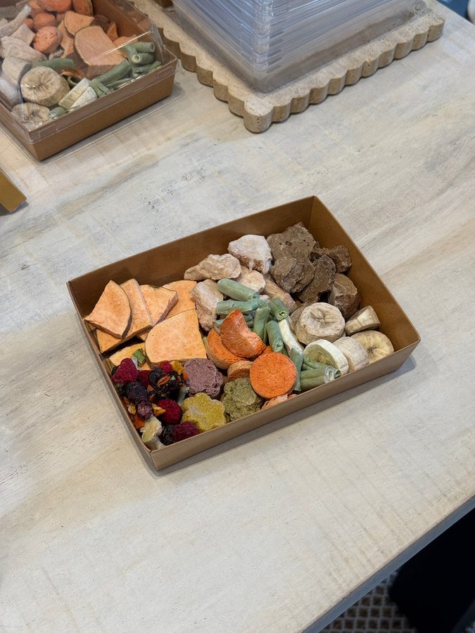 A Barcuterie board of freeze-dried treats from The Barkery